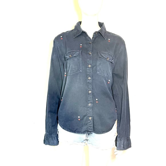 SUNDRY Women Blue Hearts Embroidered Button Down Shirt Chest Pocket L Large Soft - Picture 2 of 12
